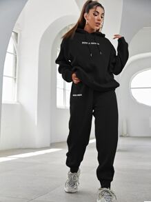 SHEIN Unity Letter Embroidery Drop Shoulder Hoodie & Joggers - Black - View 4