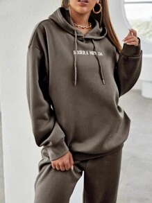 SHEIN Unity Letter Embroidery Drop Shoulder Hoodie & Joggers - Chocolate Brown - View 4