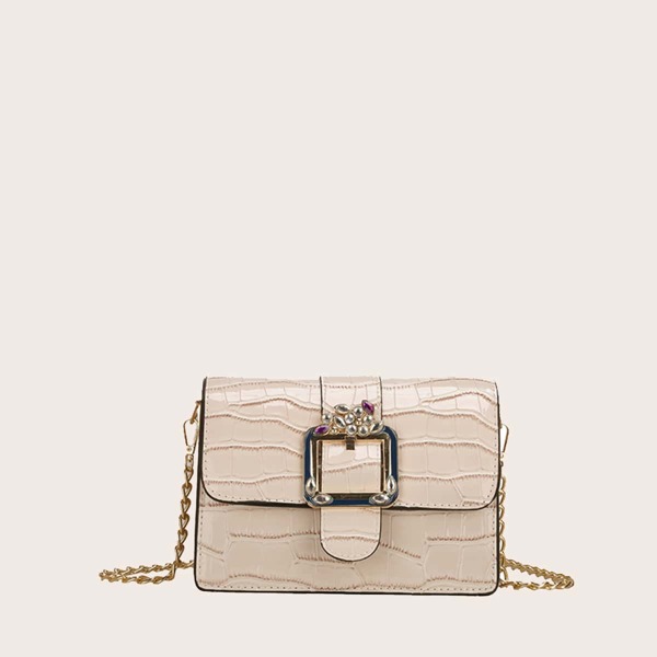 

Metal Decor Crocodile Embossed Flap Square Bag, Beige
