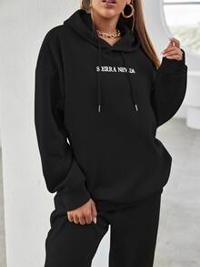 SHEIN Unity Letter Embroidery Drop Shoulder Hoodie & Joggers - Black - View 6