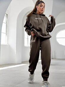 SHEIN Unity Letter Embroidery Drop Shoulder Hoodie & Joggers - Chocolate Brown - View 5