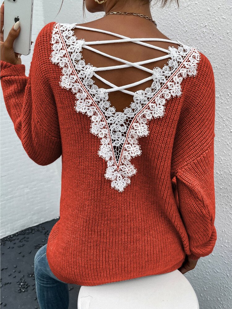 Lace Up Guipure Lace Drop Shoulder Sweater