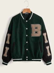 SHEIN Unity Patched Detail Drop Shoulder Varsity Jacket - Dark Green - View 1
