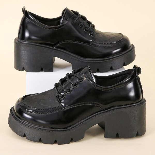 

Quilted Lace-up Front Chunky Heeled Oxfords Shoes, Black