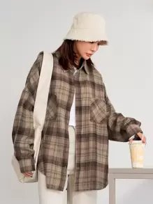 DAZY 格纹口袋前落肩衬衫，长袖上衣，秋装 - 彩色 - 查看 2