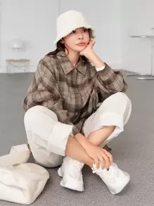 DAZY 格纹口袋前落肩衬衫，长袖上衣，秋装 - 彩色 - 查看 4