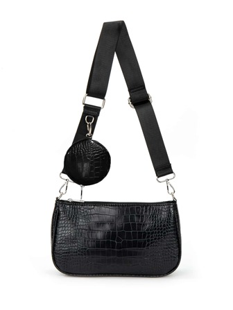 輕盈的,商務休閒鱷魚皮紋小斜挎包,帶小包,適合青少女,女性,大學生,新手和白領工作者。適合辦公室、學院、工作、商務、通勤、戶外、旅行和郊遊