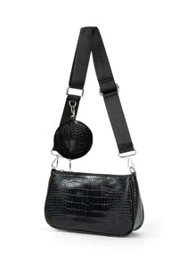 Lightweight,Business Casual Crocodile Embossed Bag With Coin Case For Teen Girls Women College Students,Rookies & White-Collar Workers Perfect For Office,College,Work ,Business,Commute,Outdoors, Travel, Outings - Black - View 2