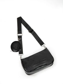 Lightweight,Business Casual Crocodile Embossed Bag With Coin Case For Teen Girls Women College Students,Rookies & White-Collar Workers Perfect For Office,College,Work ,Business,Commute,Outdoors, Travel, Outings - Black - View 3