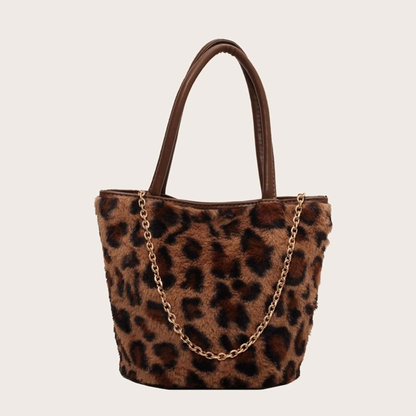 

Leopard Chain Decor Shoulder Bucket Bag, Multicolor