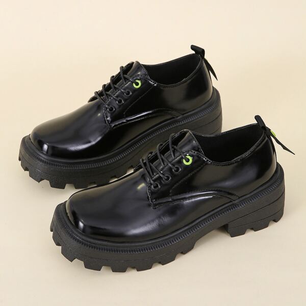 

Square Toe Lace-up Flatform Oxfords, Black