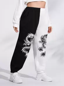 CovetEZ Plus Size Quần thể thao Thú vật Khối Màu - Đen và trắng - Xem 5