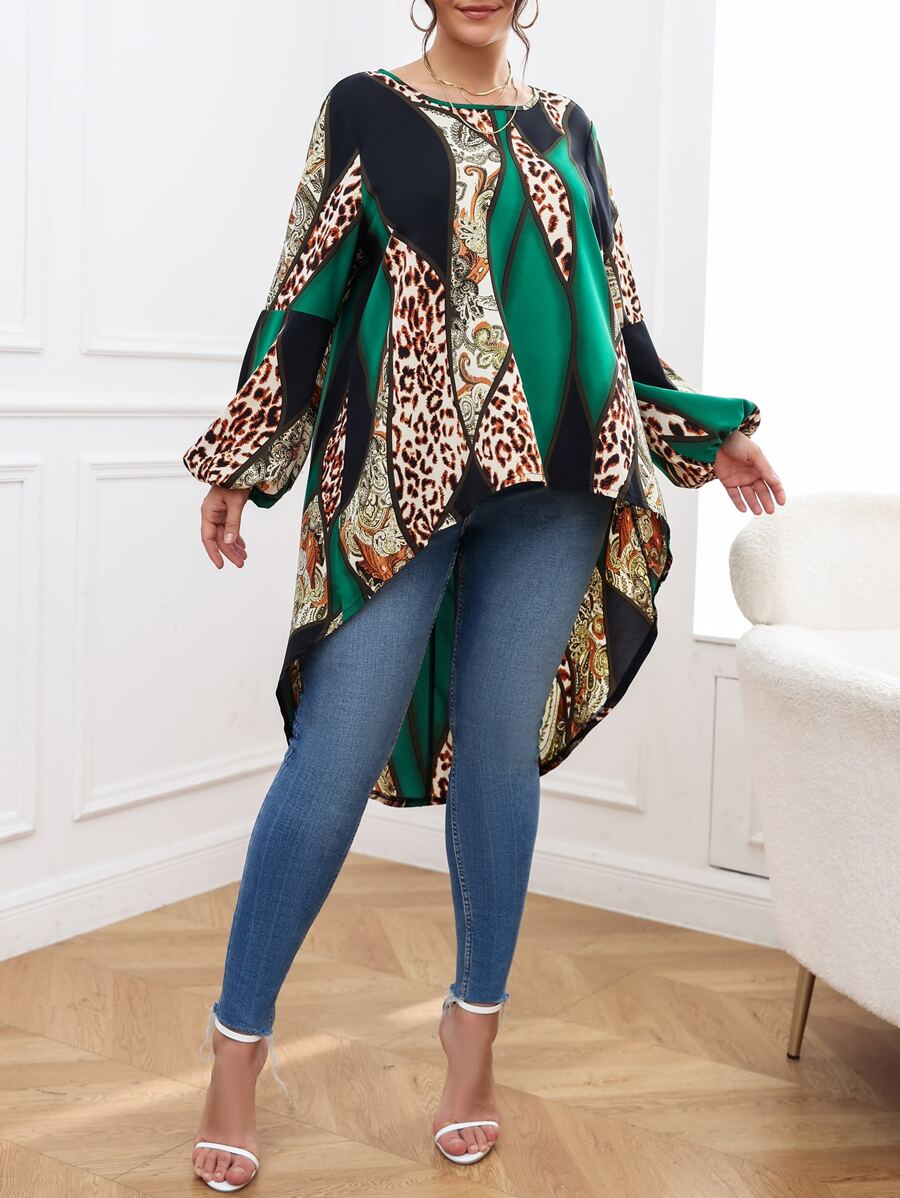 SHEIN Clasi Plus Leopard & Paisley Print Colourblock Lantern Sleeve High Low Hem Blouse - Multicolor - View 1