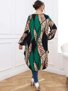 SHEIN Clasi Plus Leopard & Paisley Print Colourblock Lantern Sleeve High Low Hem Blouse - Multicolor - View 2