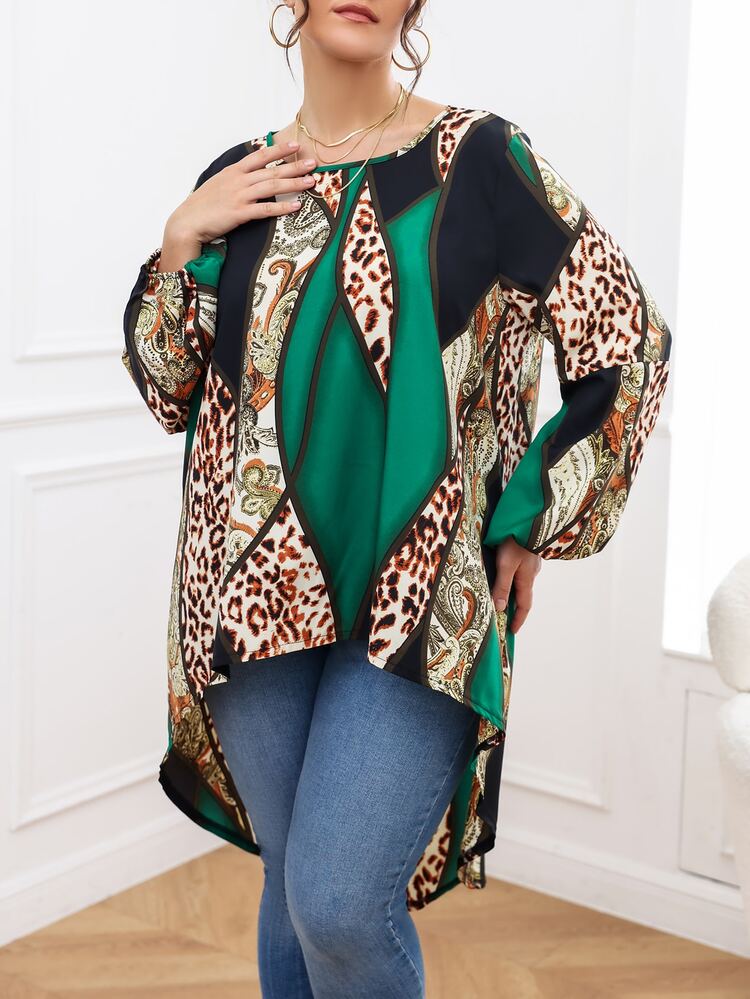 SHEIN Clasi 大碼豹紋和佩斯利印花撞色燈籠袖高低下擺襯衫 - 彩色 - 查看 3