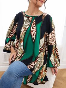 SHEIN Clasi Plus Leopard & Paisley Print Colourblock Lantern Sleeve High Low Hem Blouse - Multicolor - View 4