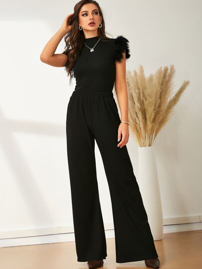 Fuzzy Trim Mock Neck Tee & Wide Leg Pants