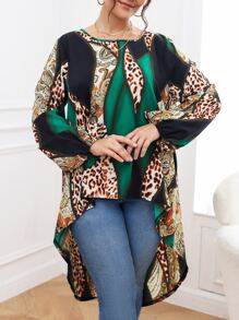 SHEIN Clasi Plus Leopard & Paisley Print Colourblock Lantern Sleeve High Low Hem Blouse - Multicolor - View 5