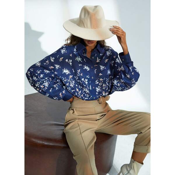 

Floral Print Drop Shoulder Blouse, Blue and white
