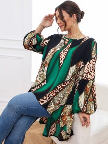 SHEIN Clasi Plus Leopard & Paisley Print Colourblock Lantern Sleeve High Low Hem Blouse - Multicolor - View 7