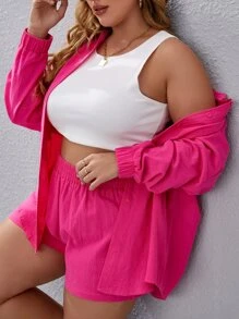 Calvaya Plus Solid Drop Shoulder Blouse & Shorts - Hot Pink - View 1