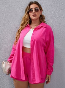 Calvaya Plus Solid Drop Shoulder Blouse & Shorts - Hot Pink - View 4