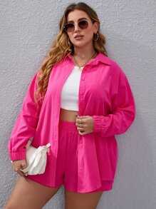 Calvaya Plus Solid Drop Shoulder Blouse & Shorts - Hot Pink - View 6