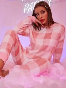 All Over Gingham Print Pyjama Set - Pink - View 1