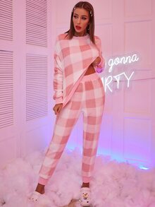 All Over Gingham Print Pyjama Set - Pink - View 3