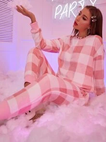 All Over Gingham Print Pyjama Set - Pink - View 4