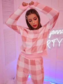 All Over Gingham Print Pyjama Set - Pink - View 5