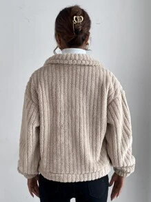 SHEIN Frenchy Drop Shoulder Button Front Flannel Jacquard Grain Jacket In Fall/Winter Casual - Apricot - View 2