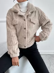 SHEIN Frenchy Drop Shoulder Button Front Flannel Jacquard Grain Jacket In Fall/Winter Casual - Apricot - View 3