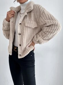 SHEIN Frenchy Drop Shoulder Button Front Flannel Jacquard Grain Jacket In Fall/Winter Casual - Apricot - View 4