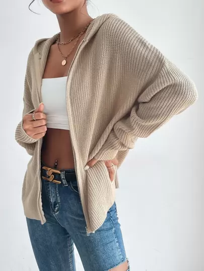 SHEIN Frenchy 秋冬拉链连帽纯色开衫、长袖上衣