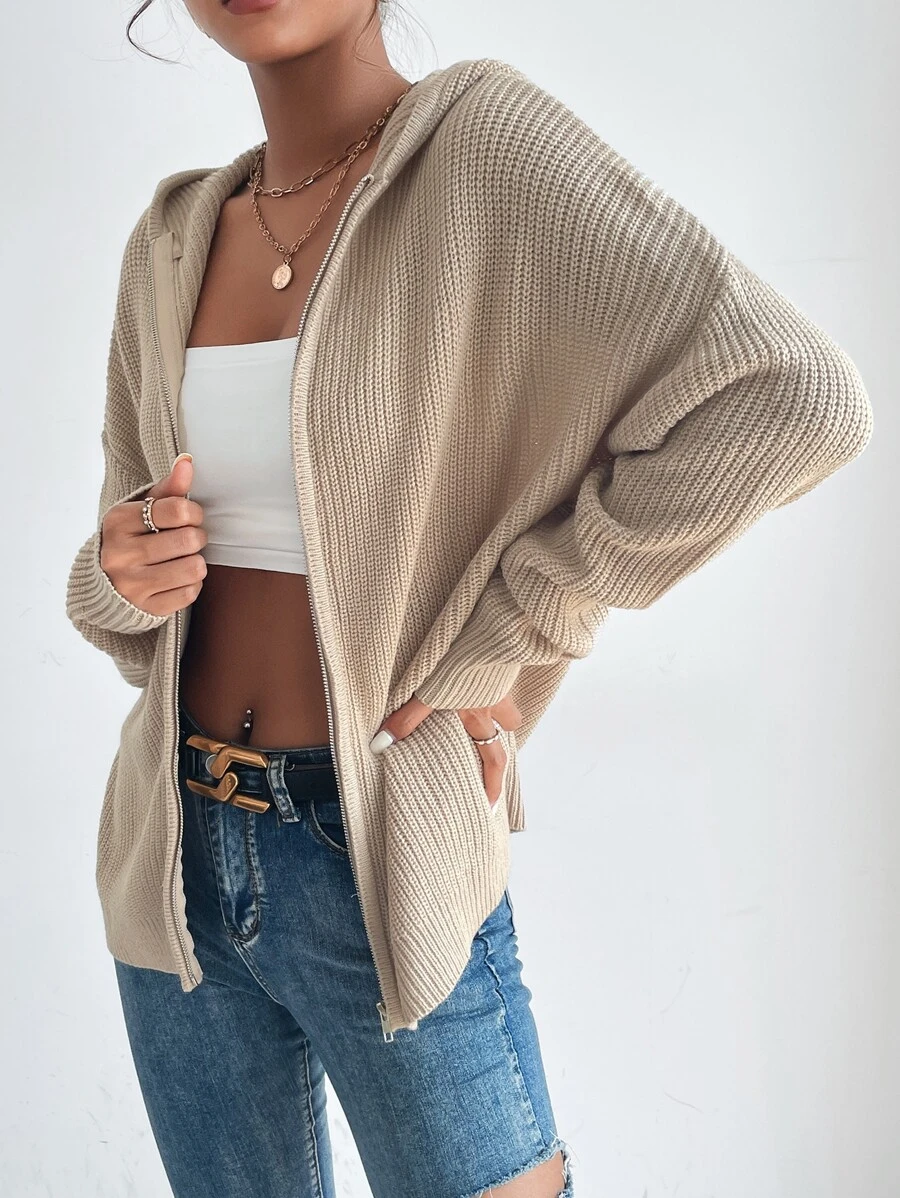 SHEIN Frenchy 秋冬拉链连帽纯色开衫、长袖上衣 - 卡其色 - 查看 1