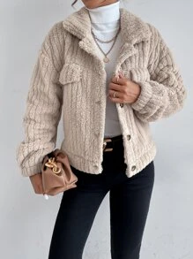 SHEIN Frenchy Drop Shoulder Button Front Flannel Jacquard Grain Jacket In Fall/Winter Casual - Apricot - View 5