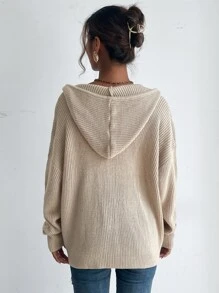 SHEIN Frenchy 秋冬拉链连帽纯色开衫、长袖上衣 - 卡其色 - 查看 2