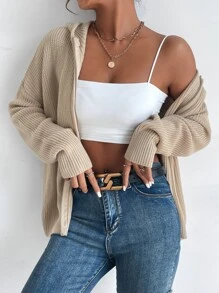 SHEIN Frenchy 秋冬拉链连帽纯色开衫、长袖上衣 - 卡其色 - 查看 3