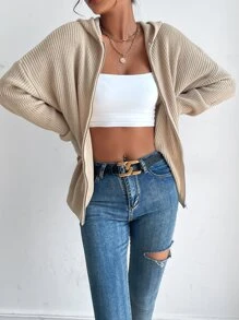 SHEIN Frenchy 秋冬拉链连帽纯色开衫、长袖上衣 - 卡其色 - 查看 4