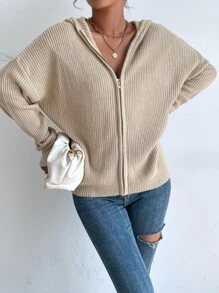 SHEIN Frenchy 秋冬拉链连帽纯色开衫、长袖上衣 - 卡其色 - 查看 5