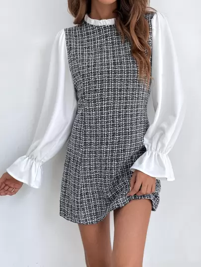 SHEIN Privé Plaid Flounce Sleeve Frill Trim Tweed 2 In 1 Dress