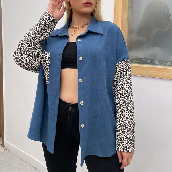 

Plus Leopard Patched Pocket Drop Shoulder Blouse, Multicolor