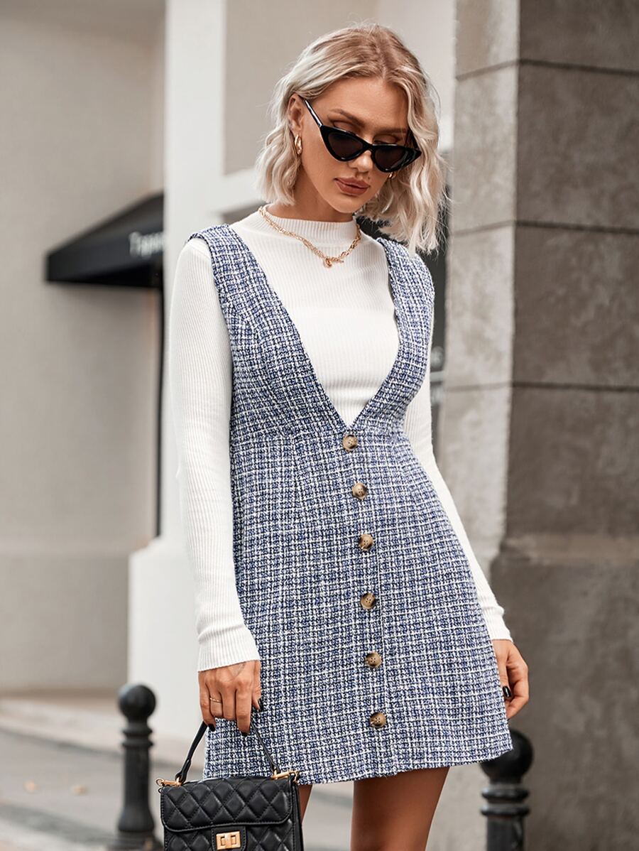 Plaid Pattern Fake Button Tweed Pinafore Dress Without Jumper - Multicolor - View 1