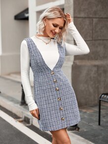 Plaid Pattern Fake Button Tweed Pinafore Dress Without Jumper - Multicolor - View 4