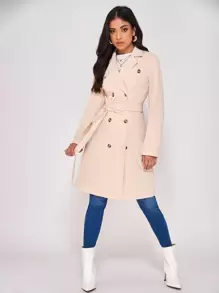 SHEIN PETITE Double Breasted Belted Trench Coat - Apricot - View 1