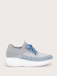 Cuccoo Striped Pattern Lace Up Decor Knit Sneakers - Grey - View 5