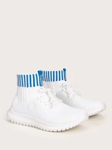 Cuccoo Contrast Trim Lace Up Decor Knit Sneakers - White - View 1