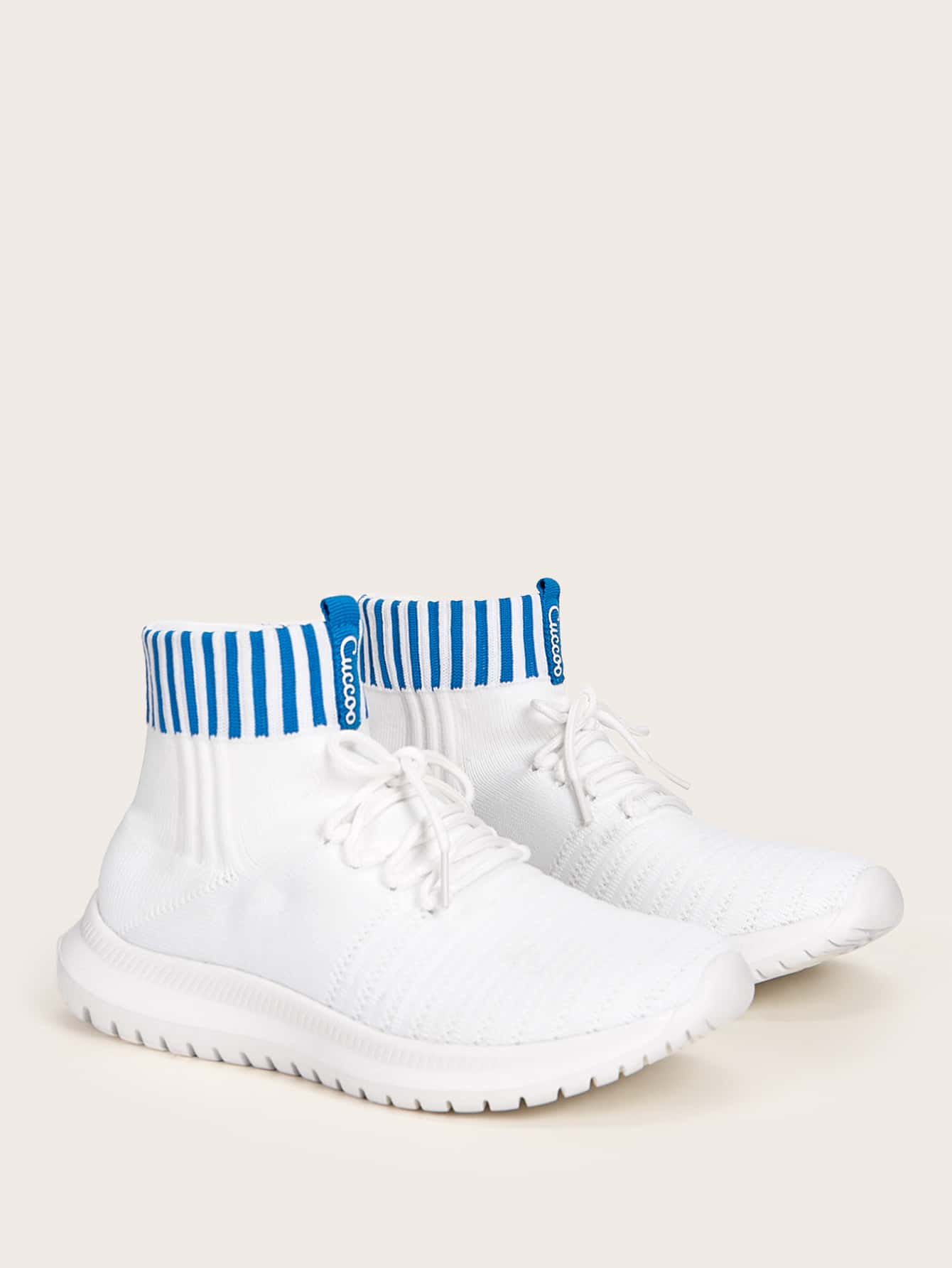 Cuccoo Contrast Trim Lace Up Decor Knit Sneakers - White - View 1