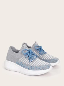 Cuccoo Striped Pattern Lace Up Decor Knit Sneakers - Grey - View 6